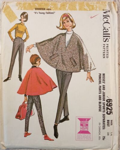 McCALL's 6925 VTG 60s PONCHO CAPE v-neck Shirt Pant Fashion Pattern CUT Sz 14