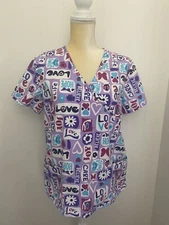 Womens MEDIUM M Movie Star Hospital Scrub Top Nurse - Love Joy Life Smile Care