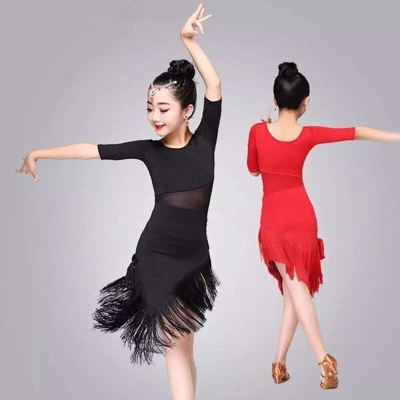 Kids Girls Latin Dance Dress Salsa Performance Ballroom Tango Dancewear Tassel - Image 4 of 4
