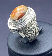 Beautiful Old Natural Tibetan Banded Agate Solid Sliver Ring With Engraving