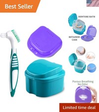 Portable Denture Bath Case with Dual-Head Cleaner Brush  Retainer Storage Box