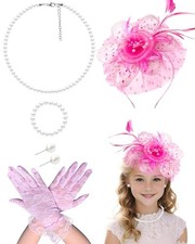 Girls Tea Party Fascinators Hats with Lace Gloves Pearl Necklace Earring Pink