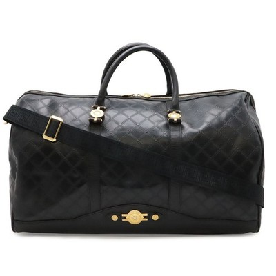 Versace Medusa Sun Black PVC Leather Boston Travel Bag Gold Auth