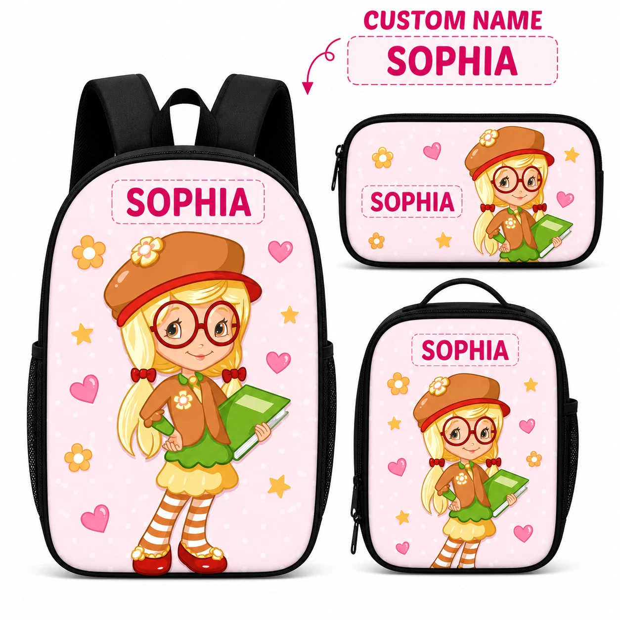 Personalized Strawberry Garden Backpack Set Custom Name School Bag & Lunch Bag