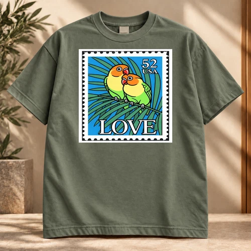 ArtMythica Love Birds Graphic T-Shirt Parrot Couple Vintage 52 USA -Shirt New - product listing photo