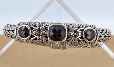 Samuel Benham schweres Sterlingsilber 18K Gelbgold Granat Bali geflochtenes Armband
