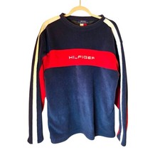 Vtg 90s Y2K Tommy Hilfiger Navy  Red Crewneck Fleece Sweater Embroidered Logo S