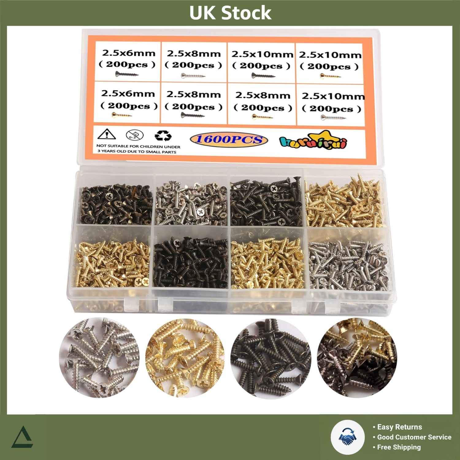 Versatile M2.5 Self Tapping Wood Screws Set, 1600pcs, 6mm 8mm 10mm