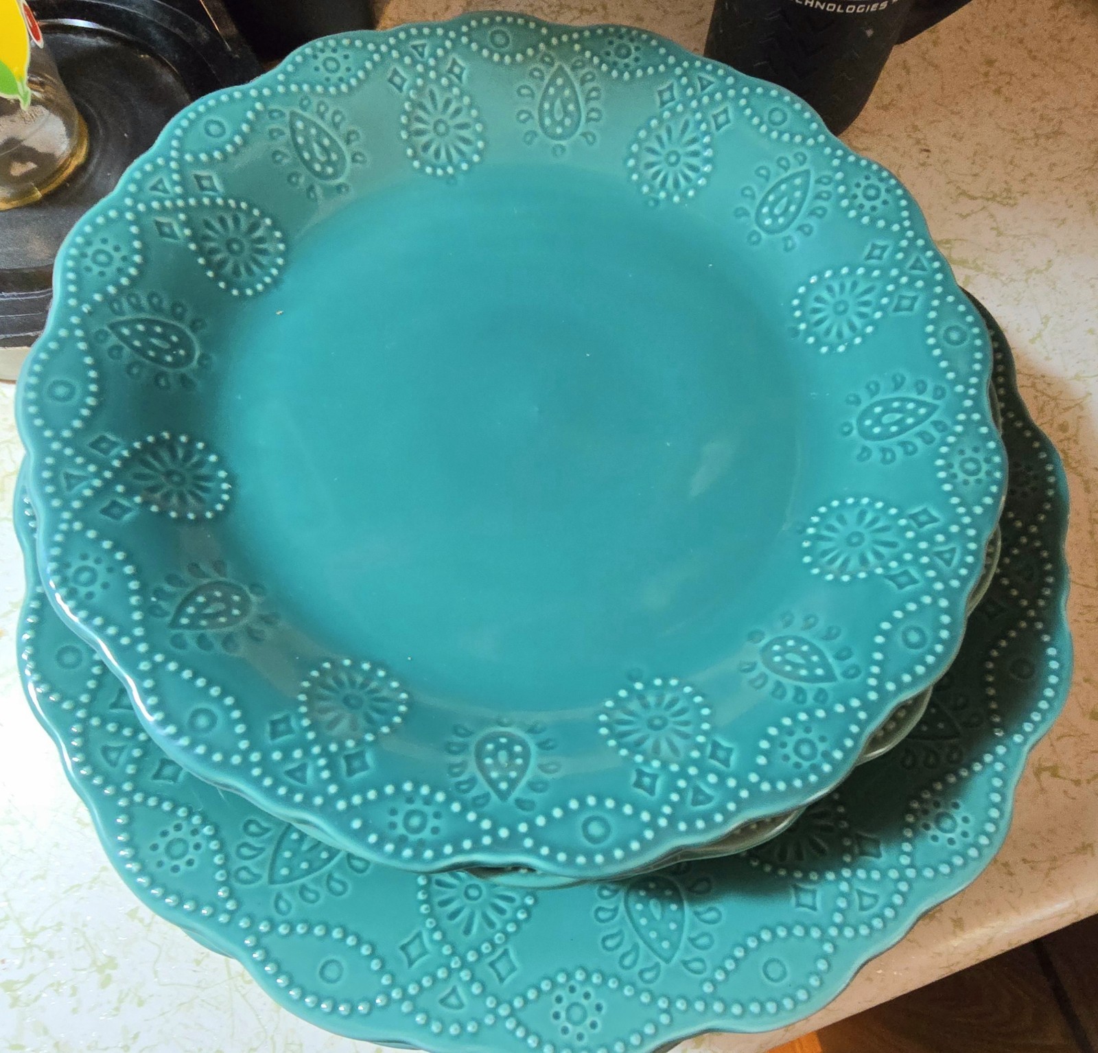 Pioneer Woman 8 Piece Teal Cowboy Lace Dinnerware Set 4 Dinner And 4 Salad...
