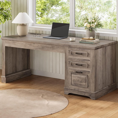 Farmhouse 55'' Executive Desk, Computer Desk with Storage Drawers and Power Outle