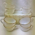 Vtg Anchor Hocking Milk Glass Snack Set Scalloped Edged Gold Trim 14 Pieces
