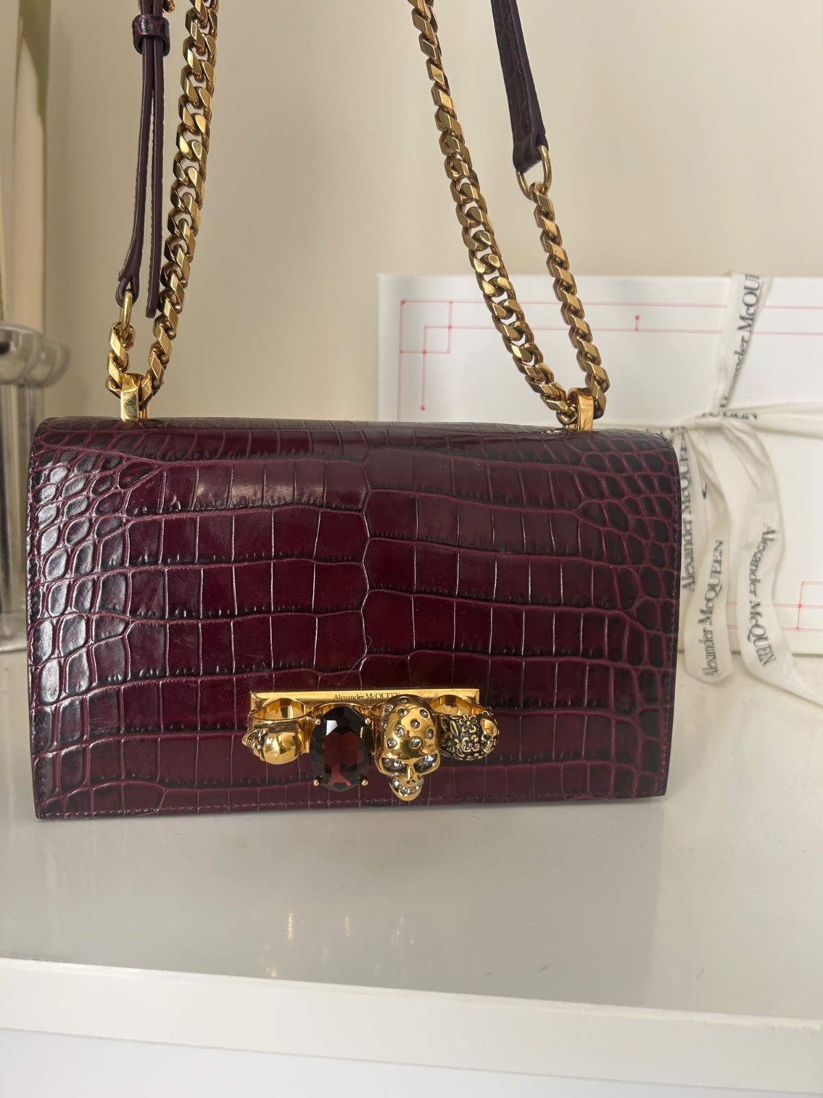 Alexander McQueen Croc Burgundy Leather Handbag, with iconic jewelled detailing