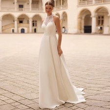 Halter Neck A Line Beaded Satin Wedding Dress Sleeveless Sweep Train Bridal Gown