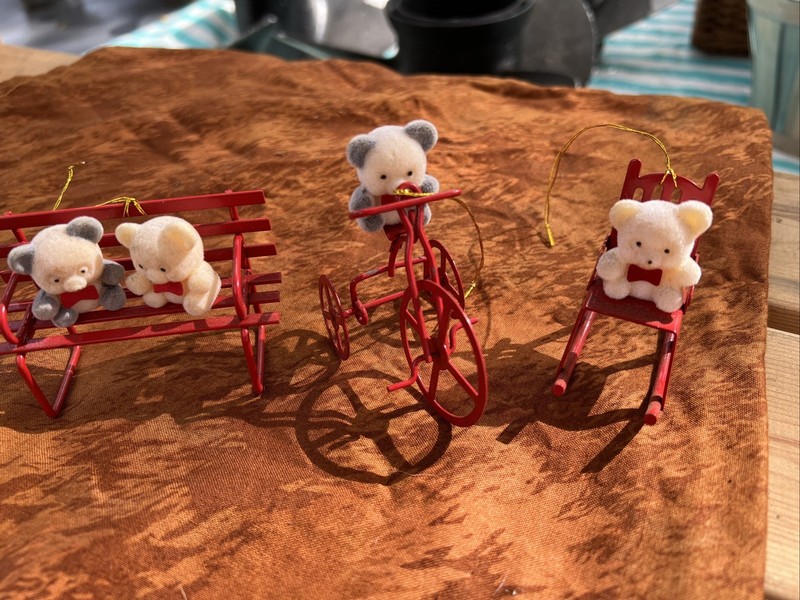 Vintage Avon Teddy Bears on Red Metal Ornaments Lot of 3 Rocker, Bench &Tricycle