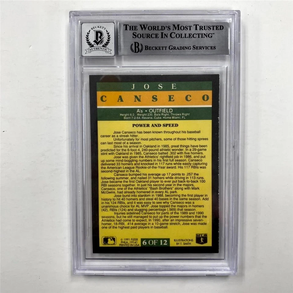 Карта с автографом Хосе Кансеко 1991 Fleer Pro-Visions No6 Beckett BAS 10 с автографом - Изображение 2 из 2