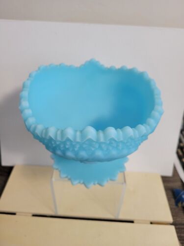 Vtg Fenton Satin Blue Glass Hobstar Pinwheel Pedestal Compote Bowl estate - Picture 3 of 9
