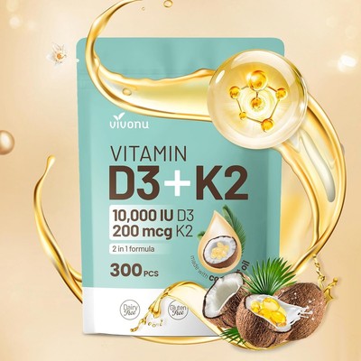 Vitamin D3 10000 iu Plus K2 (MK-7) 200 mcg, 300 Coconut Oil Softgels| 2 in 1 VIT