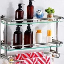 Bathroom 2-Tier Shelf W/ Towel Rack Tempered Wall Mounted Glass Stainless Steel
