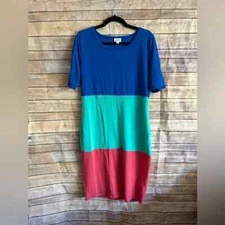 LuLaRoe Simply Comfortable Color Block Dress Womens Large Blue Green Pink