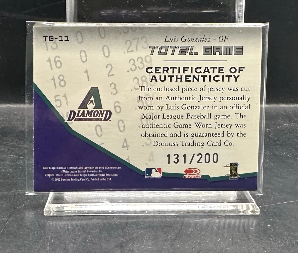 2003 Donruss Champions Luis Gonzalez Game Worn Jersey #/200 Arizona Diamondbacks - Image 2 of 2