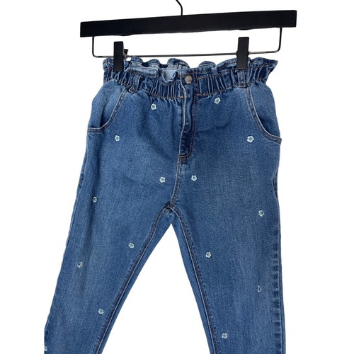 Mayoral Jeans Girls Sz 8 Kids Straight Leg Denim Pants Embroidered Flowers Blue - Picture 2 of 13