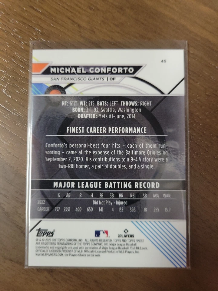 2023 Topps Finest BLUE AQUA VAPOR #45 Michael Conforto 207/250 - Giants 🟠⚫️ - Image 4 of 4