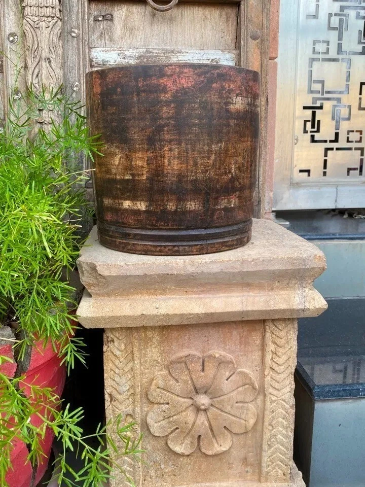 Asian Antique Old Indian Wooden Hand Paint Mortar Planter Pot Spice Grinder Pot