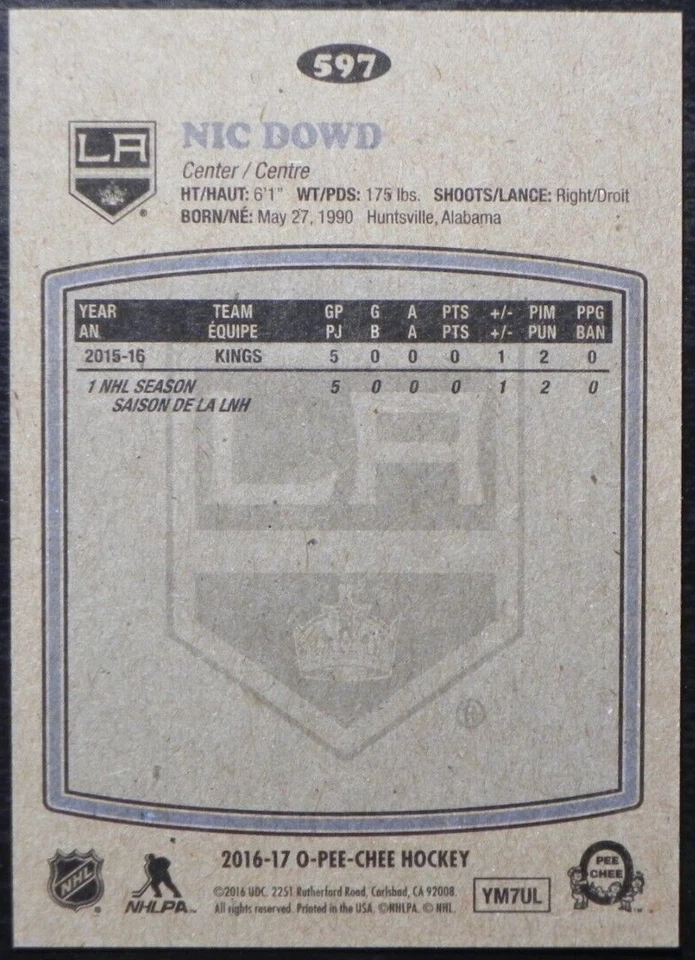 2016-17 16/17 O-Pee-Chee RETRO Marquee ROOKIE #597 Nic Dowd Los Angeles Kings - Image 2 of 2