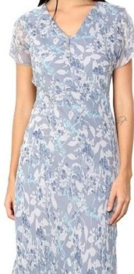 Adini Soft Geogette Lined Floral Print Short Sleeve Dress in Seaspray Blue