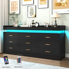 9 Drawer Dresser with LED Light, Modern Chest of Drawers for Closet, Wide Drawe