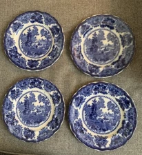 4 Antique Flow Blue 8” Plate Set Fairy Villas William Adams & Co England