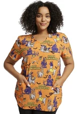 Cherokee Women Scrubs Top V-Neck Print, CK637, Size: XL, Happy Llamaween