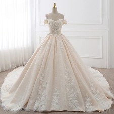 Off Shoulder 3D Floral Lace Champagne Ballgown Train Bridal Wedding Gown