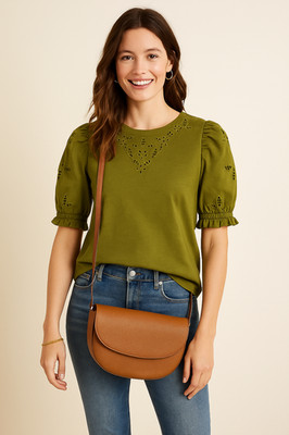   LOFT Olive Green Eyelet Puff Sleeve Cotton Top   Women s Size M