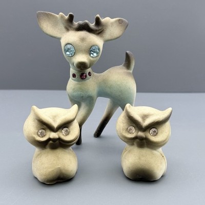 Vintage Roselane Deer Owl Figurine Rhinestone Eyes Ceramic Lot Of 3 Brown