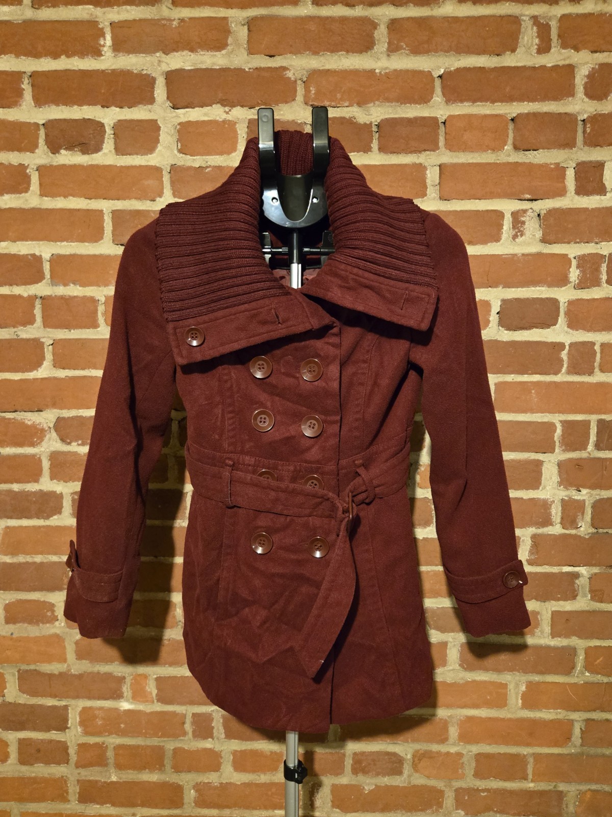 Forever 21 Women’s Burgundy Peacoat Small Belted Double Breasted Jacket