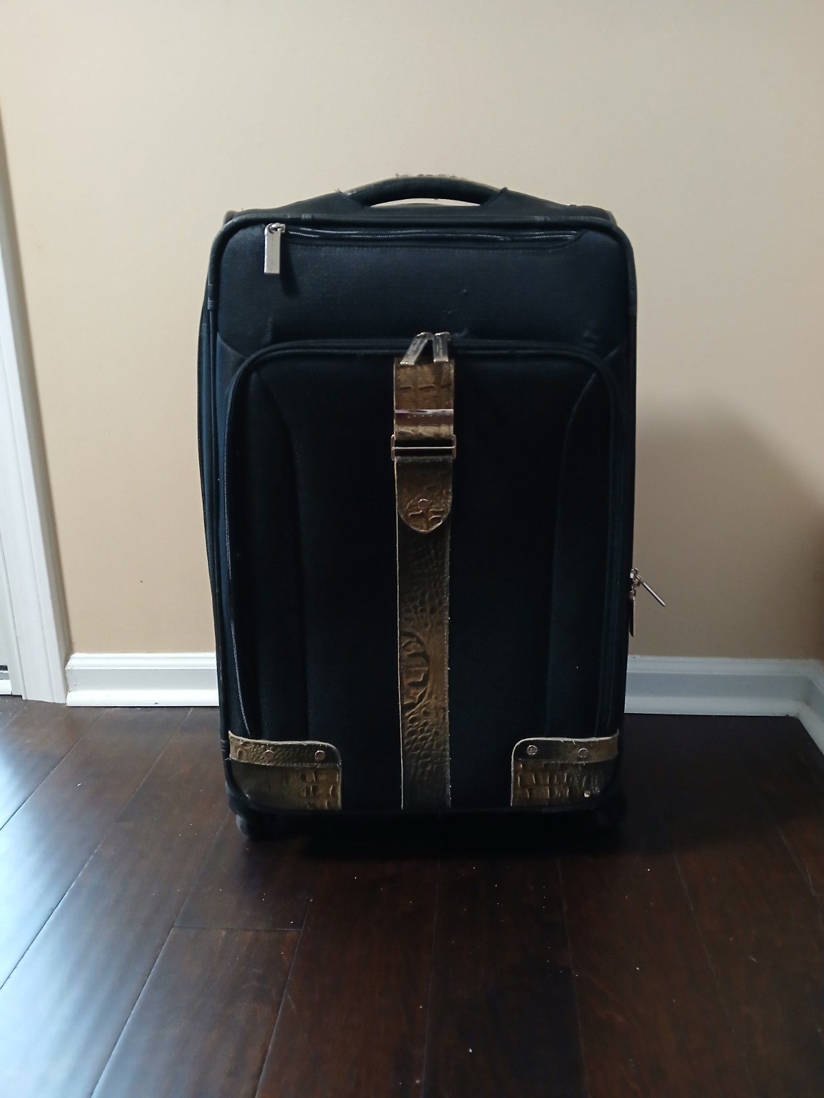 Black Suitcase, Soft Case, Rolling Wheels, Solid Pattern