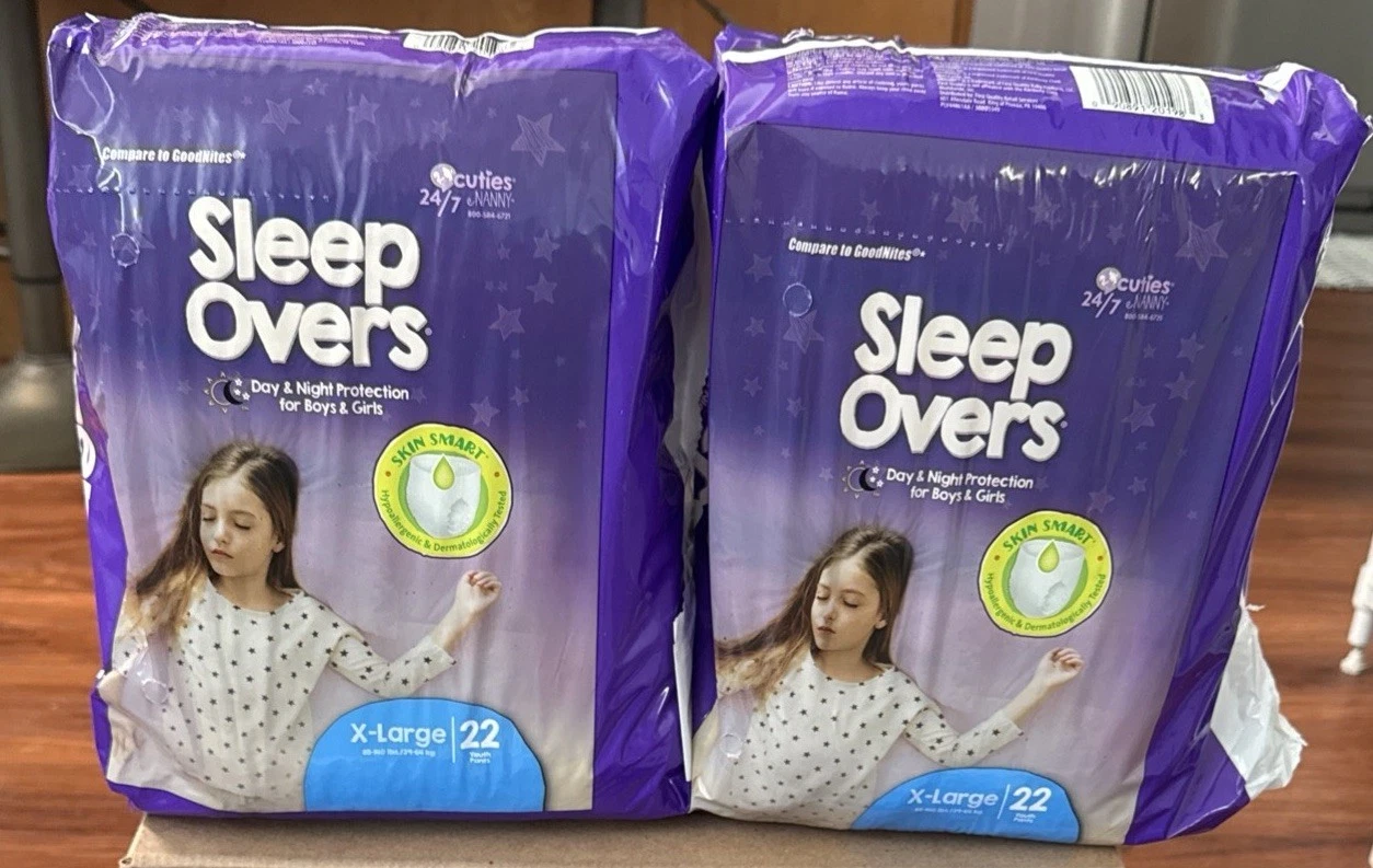 Sleep Overs Diapers Protection For Boys & Girls XL 22 pack 85-140 Lbs 2 Packs