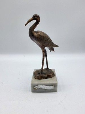 ZW- Figur Reiher Storch im Lineal patiniert auf Marmorsockel Alabaster Vintage