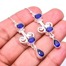 Blue Sapphire -Simulated Multi Collet 925 Sterling Silver Earring 2.15" E8043320