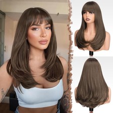 Chestnut Brown Long Layered Straight Hair with Bangs 18in Premium Wig