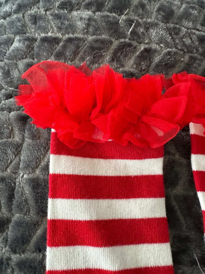 Calentadores de piernas para niñas de encaje rojo y blanco a rayas talla única Foto 3 de 4