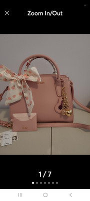 Anne Klein Pink Zip Satchel Top Handle Bag w/ Detachable Strap Bow Charm Pouch