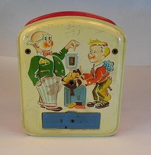 Bl&ouml;mer & Sch&uuml;ler Blechspielzeug Spardose Vater / Kind rot/beige mechanisch #3340