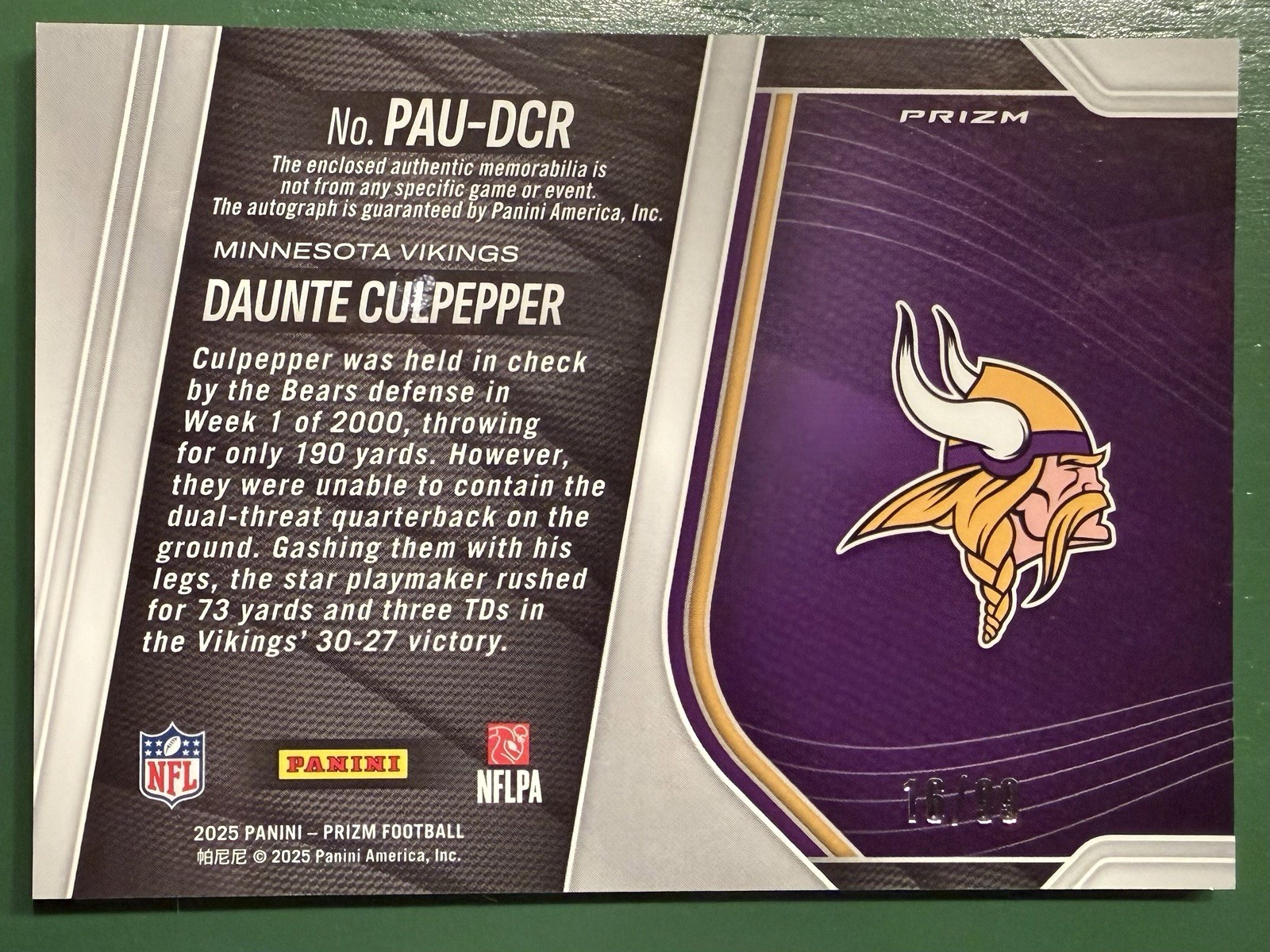 2025 Panini Prizm - Daunte Culpepper Patch Auto /99 (AU, MEM) Vikings SSP view 2