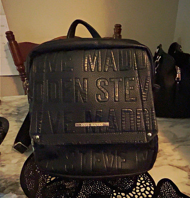 Steve Madden Women s Black Logo Backpack Purse Zip, Gold Hardware, Lined