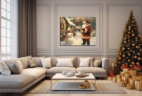 Papá Noel con muñeco de nieve decoración de Navidad, impresión Giclée, decoración navideña vintage - Imagen 7 de 8