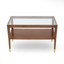 Tavolino rettangolare con piano in vetro ed ottone, anni ’50, coffee table, ita
