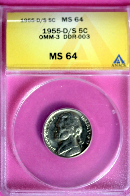 1955 - D/S ANACS MS64 OMM-3 DDR-003 JEFFERSON NICKEL!!  #B29312