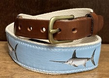 Handmade Leather Man Ribbon Belt 24 Gamefish Offshore Blue Canvas/Leather EUC